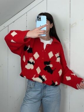 Roberta Freymann 100% Wool Scottie Dog Argyle Knit Collared Polo Sweater Women M